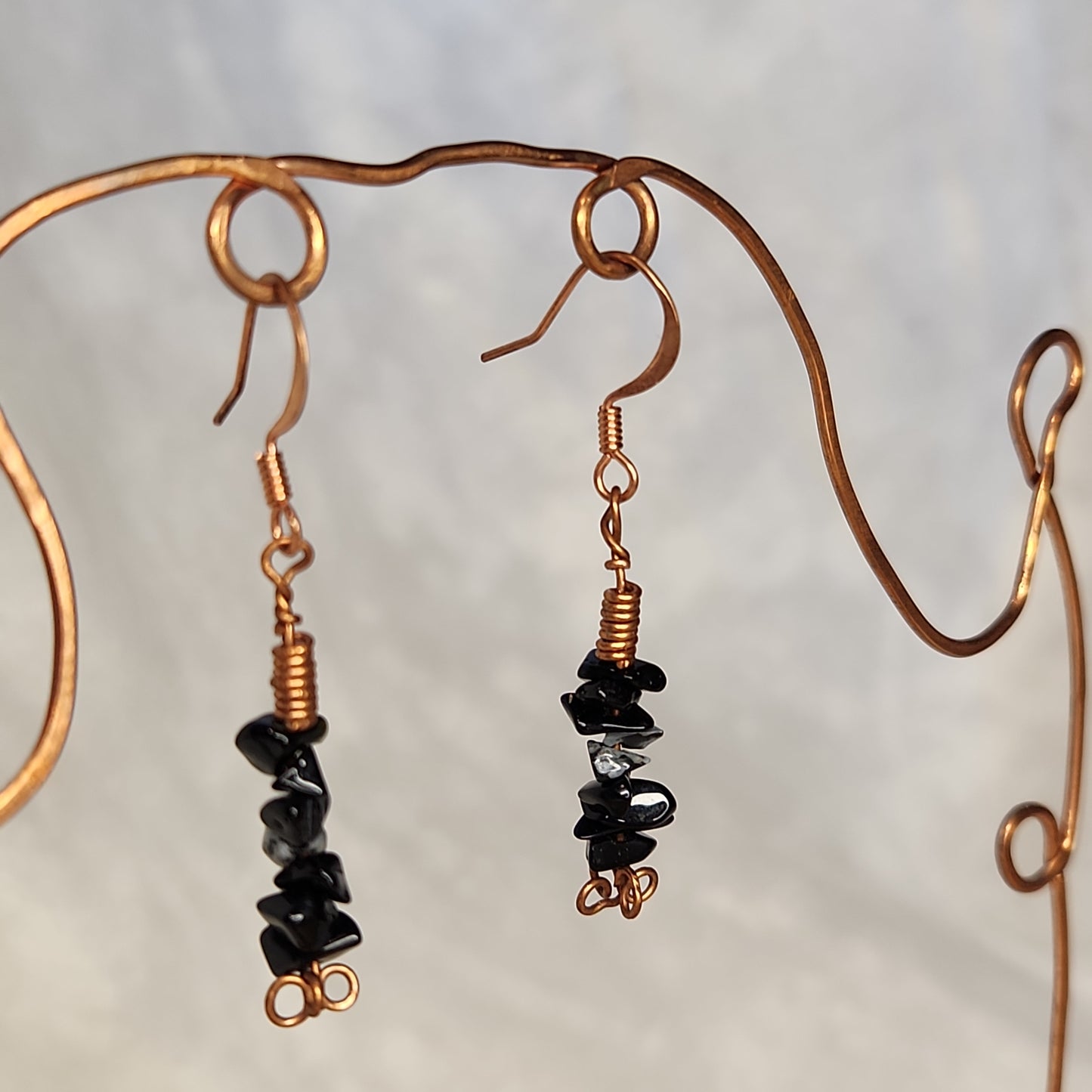 Copper Rustic Beaded Snowflake Obsidian Drop Earrings