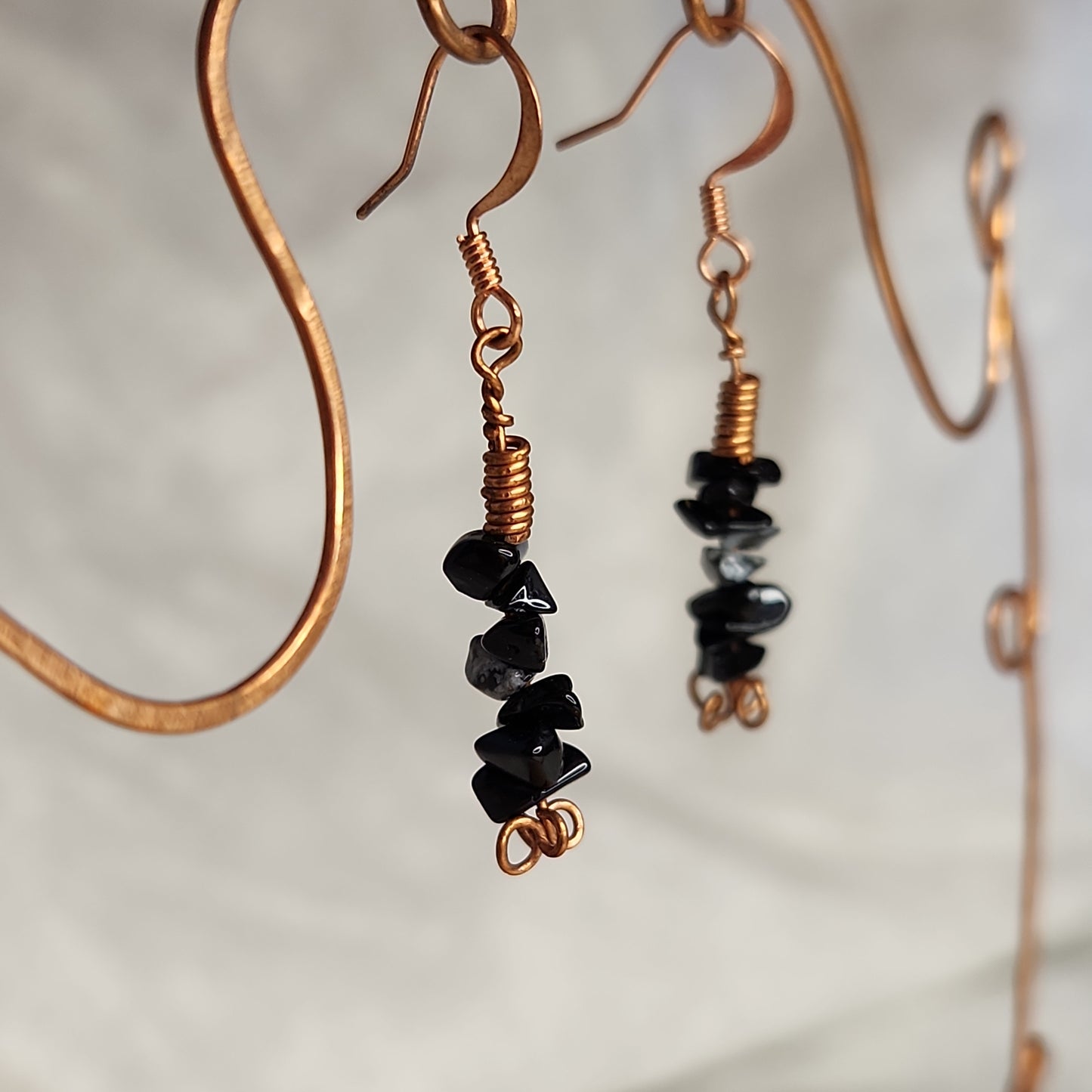 Copper Rustic Beaded Snowflake Obsidian Drop Earrings