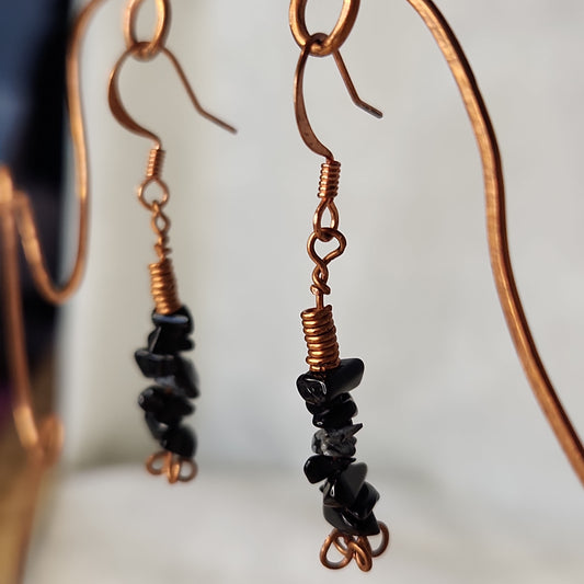 Copper Rustic Beaded Snowflake Obsidian Drop Earrings