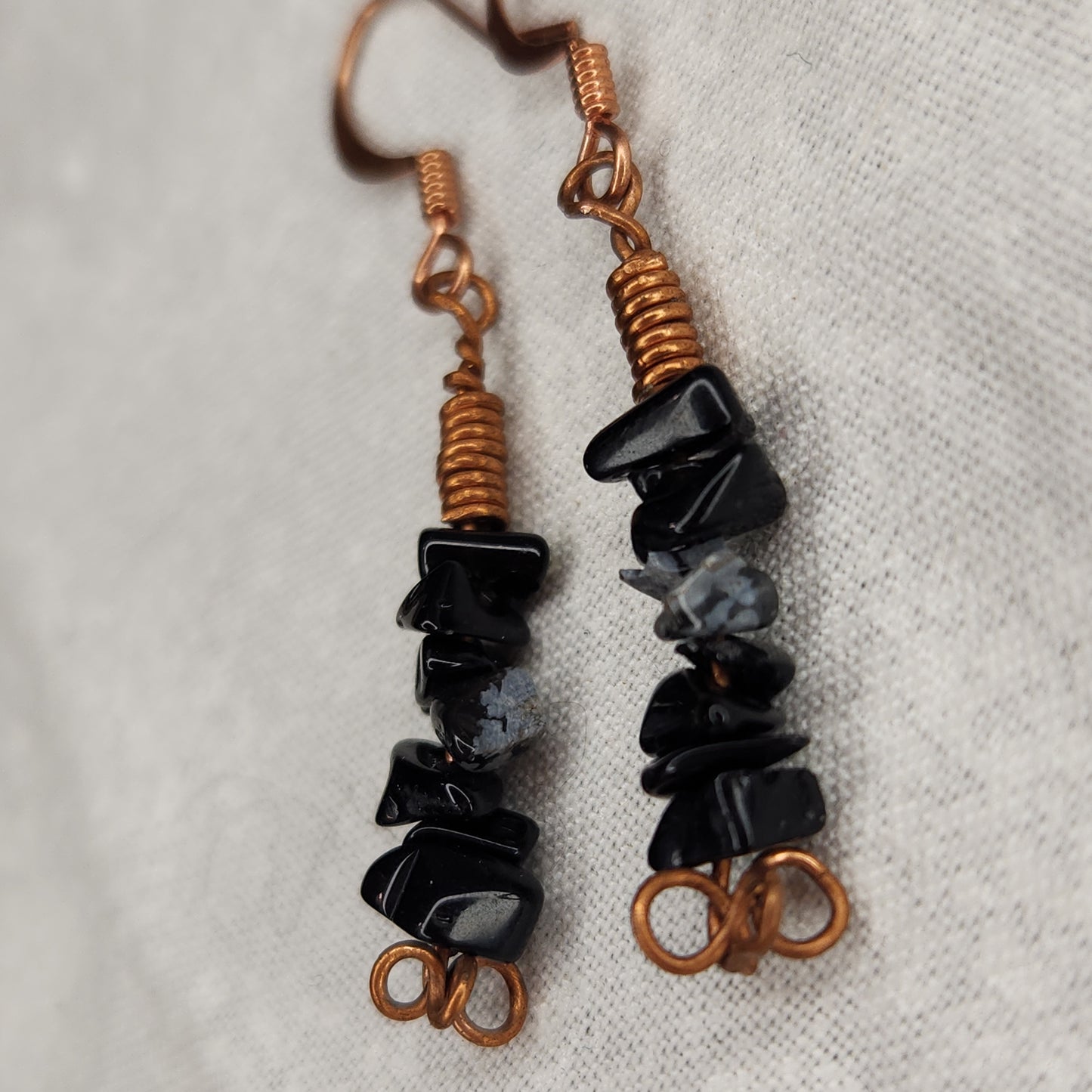 Copper Rustic Beaded Snowflake Obsidian Drop Earrings