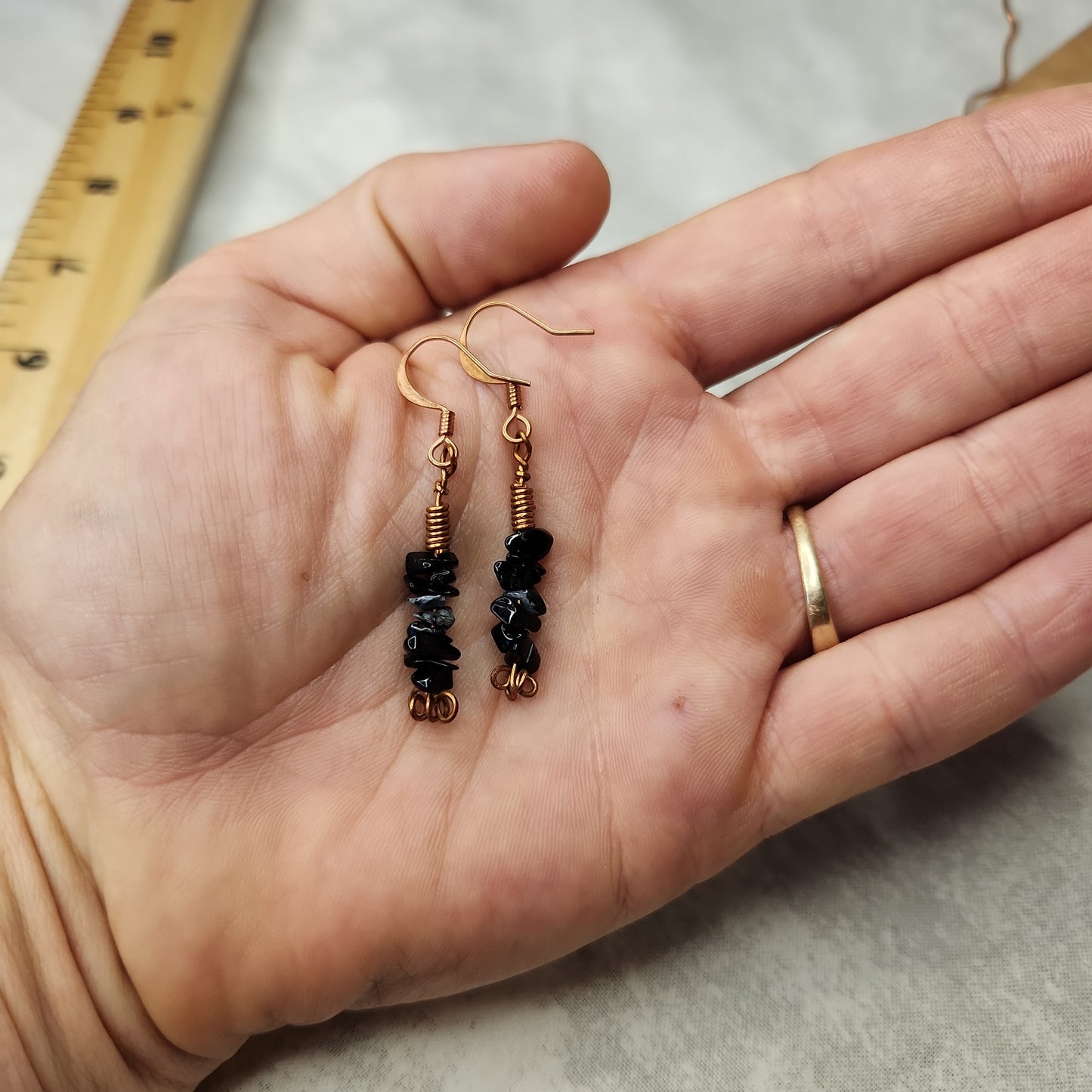 Copper Rustic Beaded Snowflake Obsidian Drop Earrings