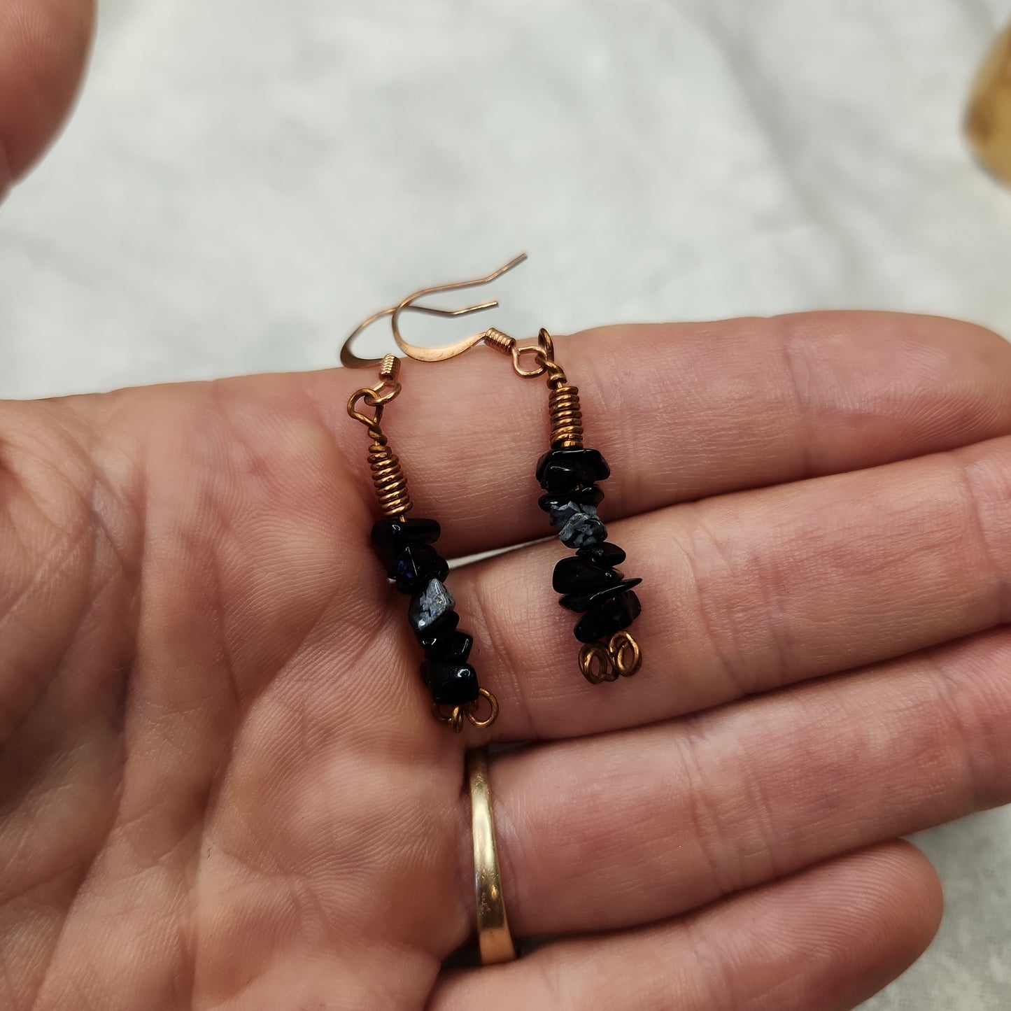 Copper Rustic Beaded Snowflake Obsidian Drop Earrings