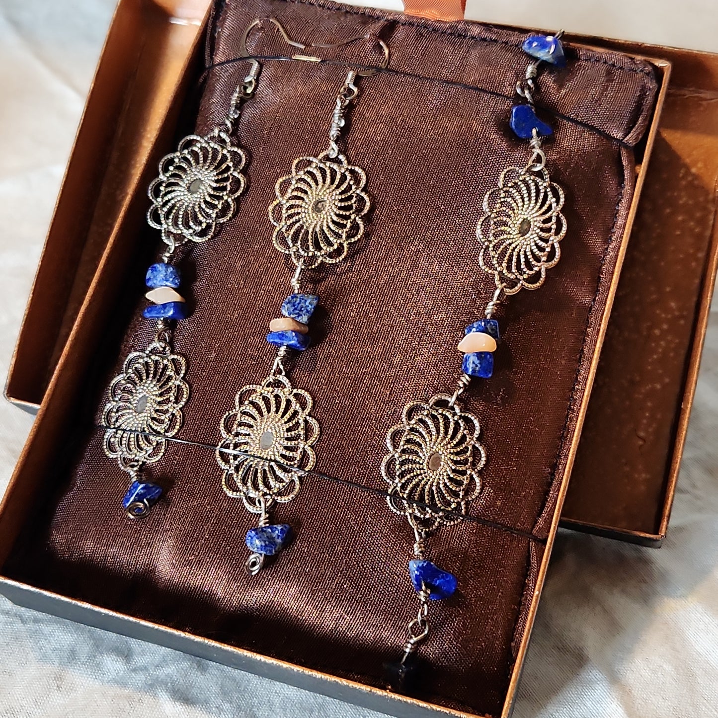 Esther's Silver Bezel Beaded Lapis & Moonstone Natural Stone Earring Bracelet Set