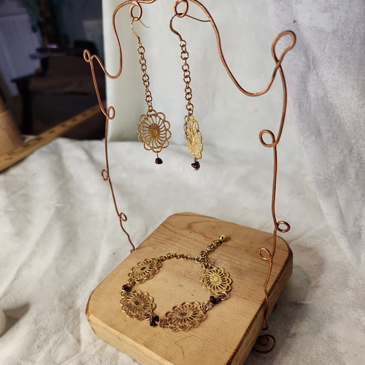Esther's Gold Bezel Beaded Garnet Earring Bracelet Set