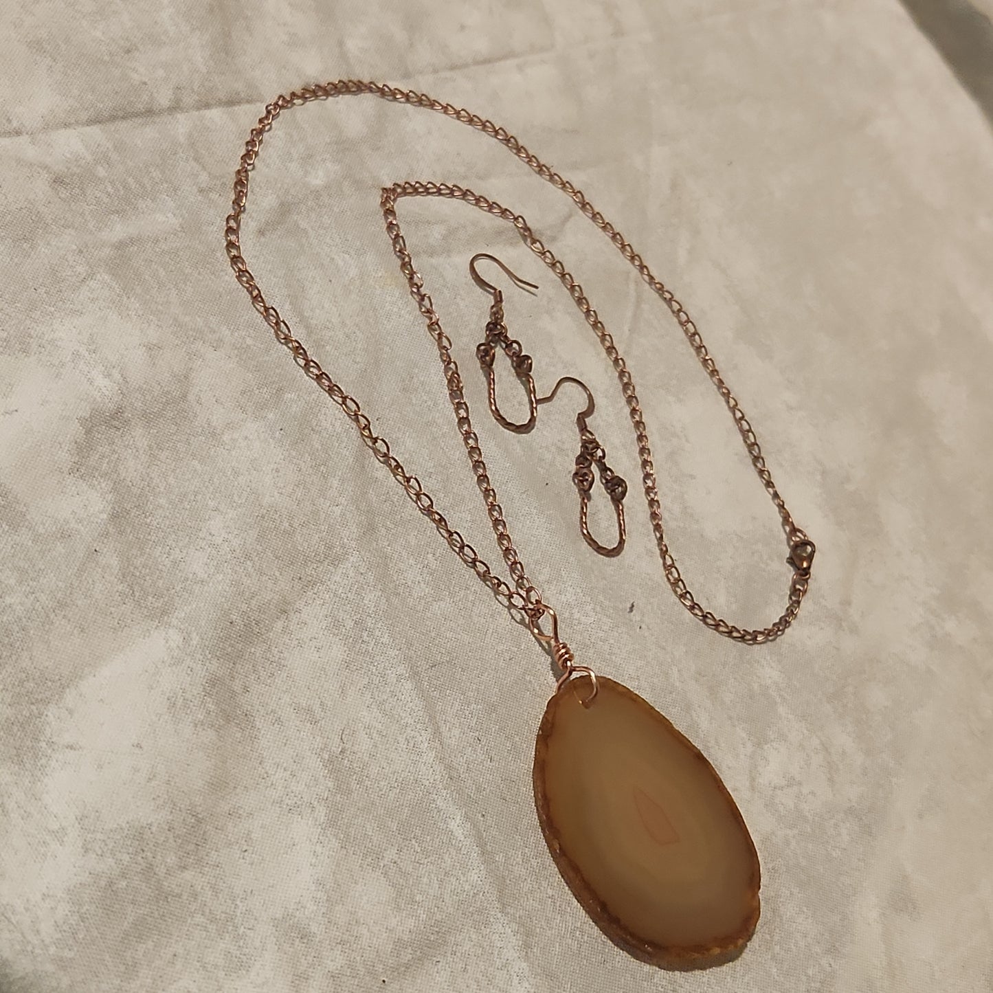 Agate Sliced Necklace, Horseshoe Earrings Copper Set, Natural Tan Sliced Stone Pendent