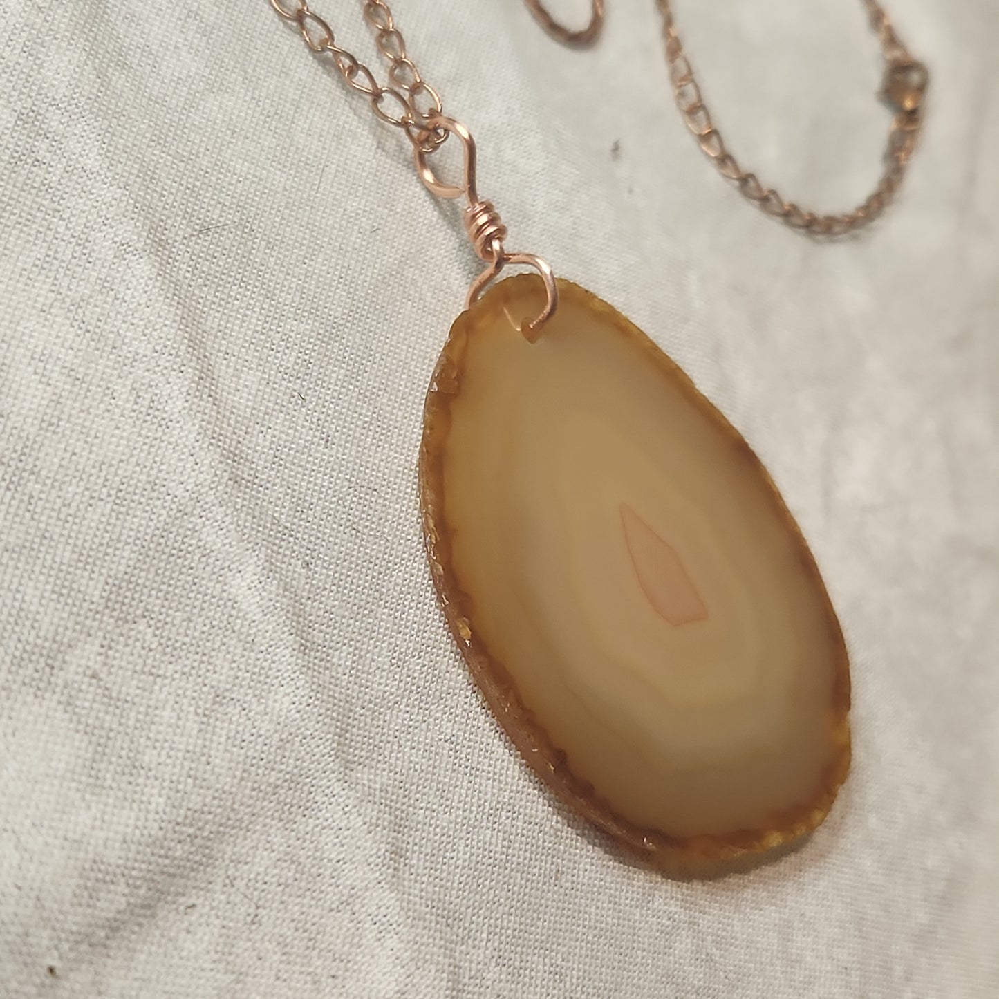 Agate Sliced Necklace, Horseshoe Earrings Copper Set, Natural Tan Sliced Stone Pendent