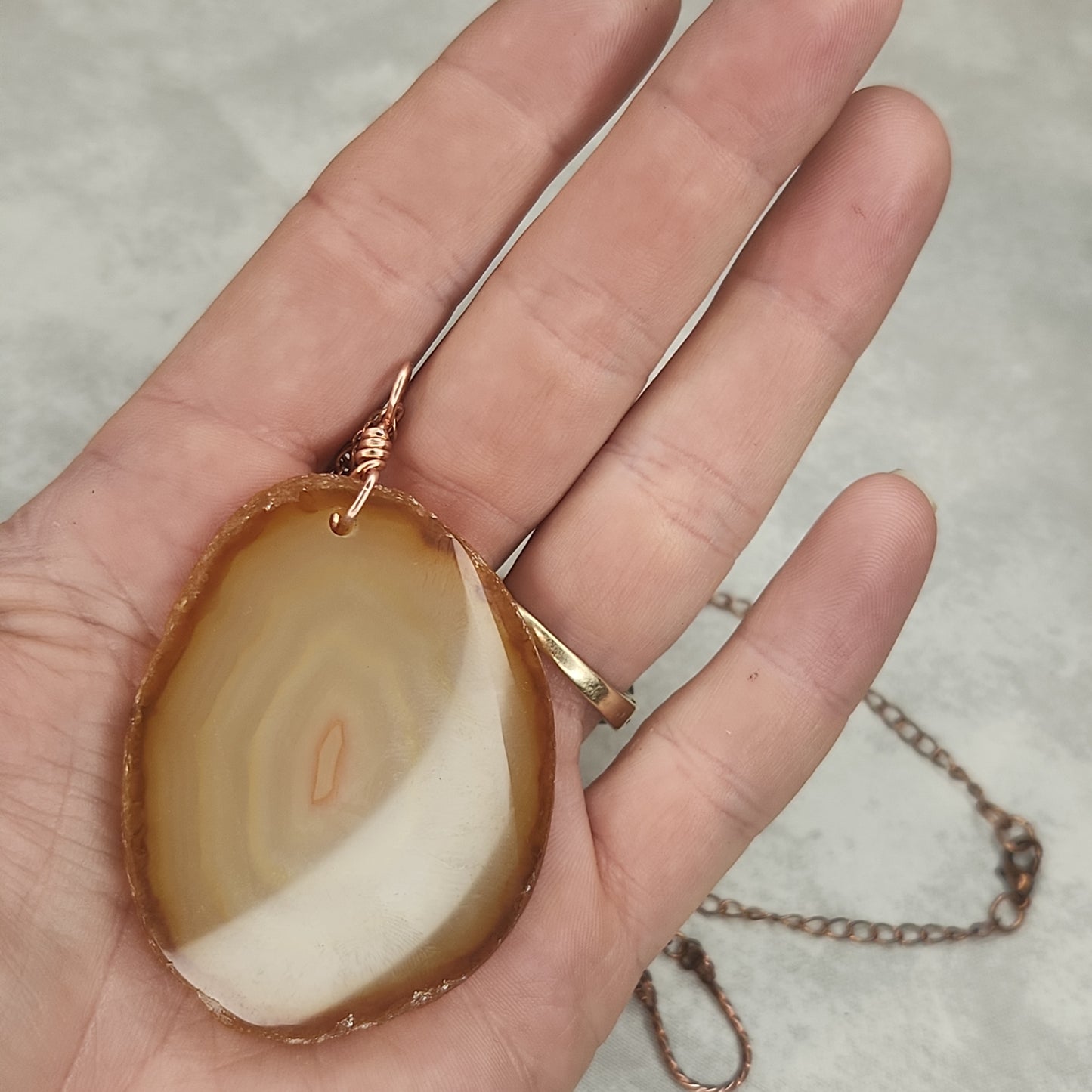 Agate Sliced Necklace, Horseshoe Earrings Copper Set, Natural Tan Sliced Stone Pendent