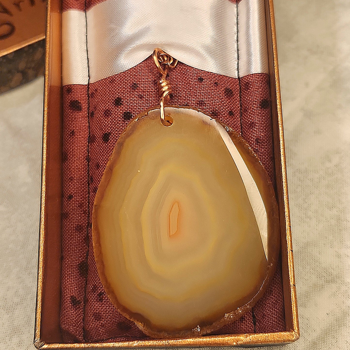 Agate Sliced Necklace, Horseshoe Earrings Copper Set, Natural Tan Sliced Stone Pendent