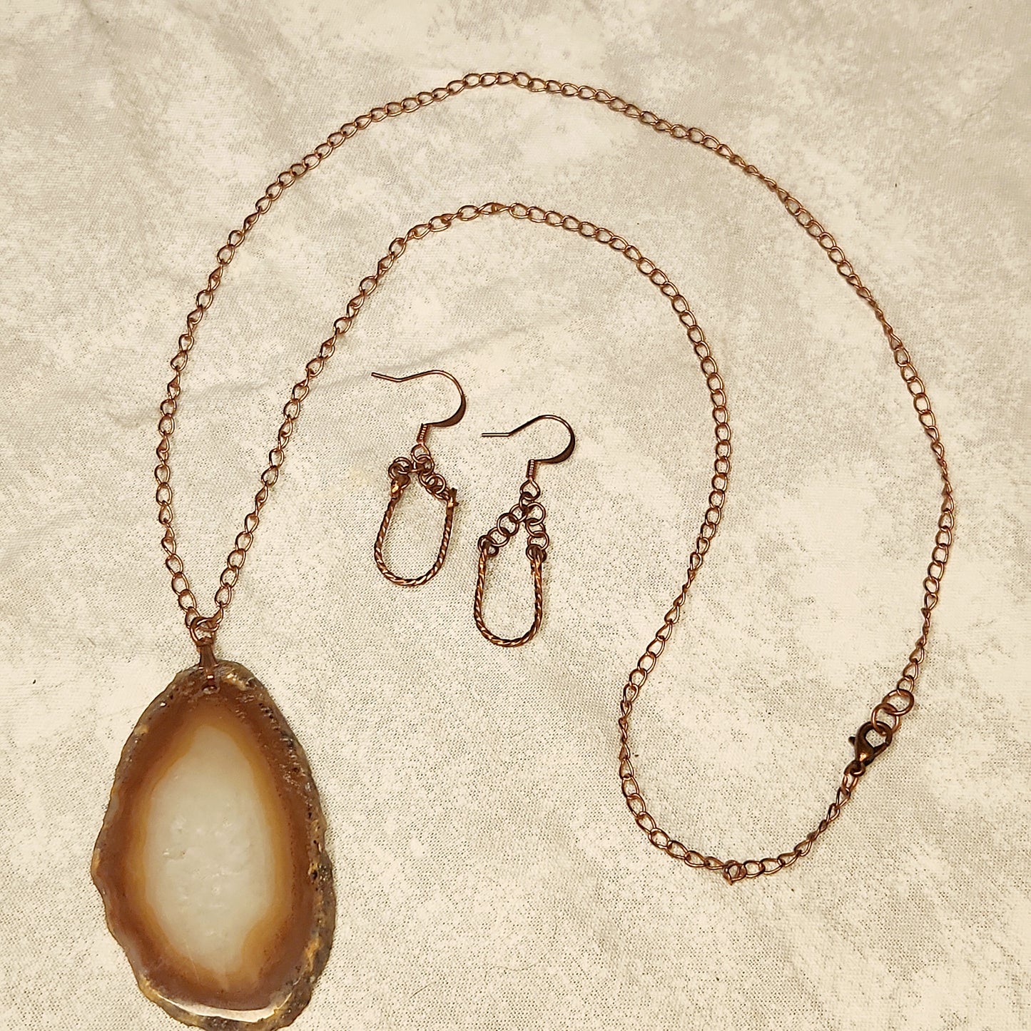 Agate Sliced Necklace, Horseshoe Earrings Copper Set, Natural Tan Sliced Stone Pendent