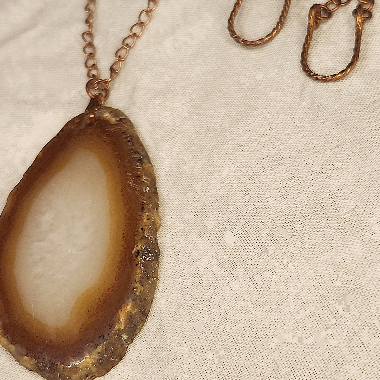 Agate Sliced Necklace, Horseshoe Earrings Copper Set, Natural Tan Sliced Stone Pendent