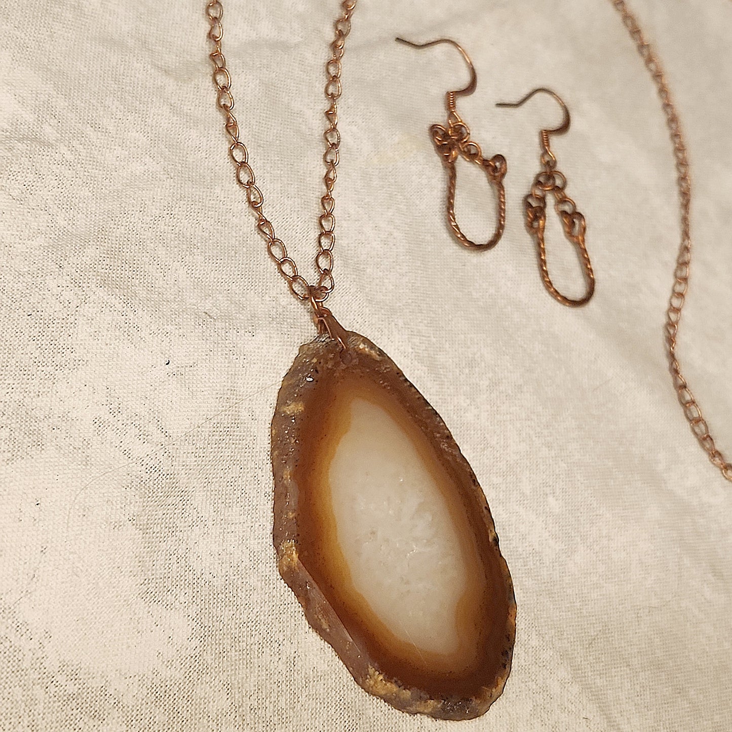 Agate Sliced Necklace, Horseshoe Earrings Copper Set, Natural Tan Sliced Stone Pendent