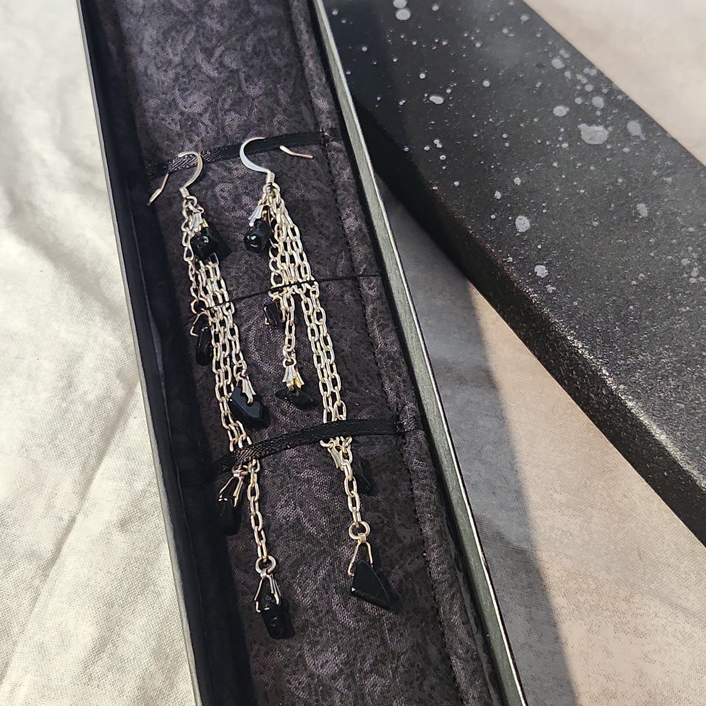 Beaded Blackstone Waterfall Silver P. Tassel Chain Earrings