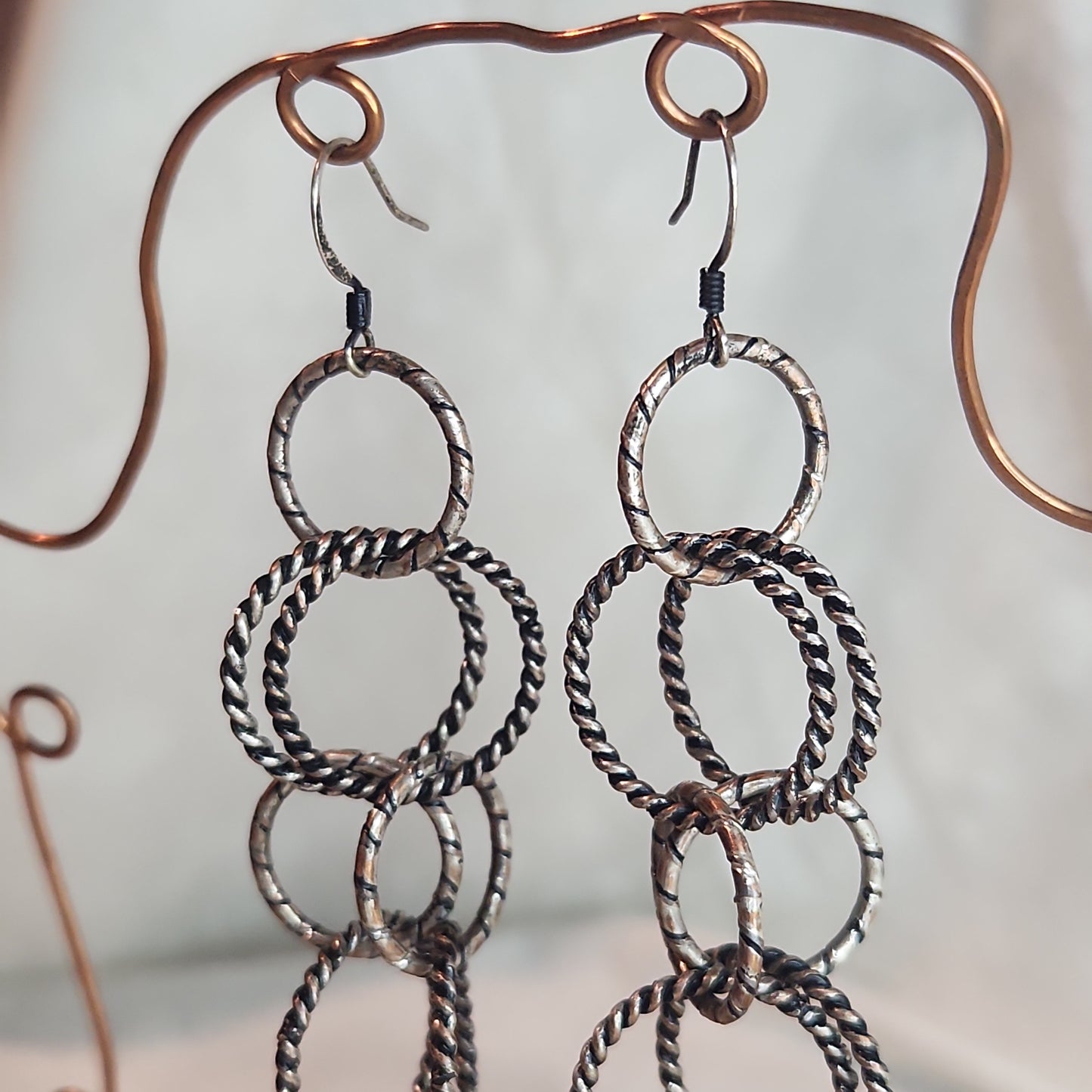 Chain Jewelry, Rustic Double Silver Copper Brushed Circle Chain Earrings (aka Big Sister's)