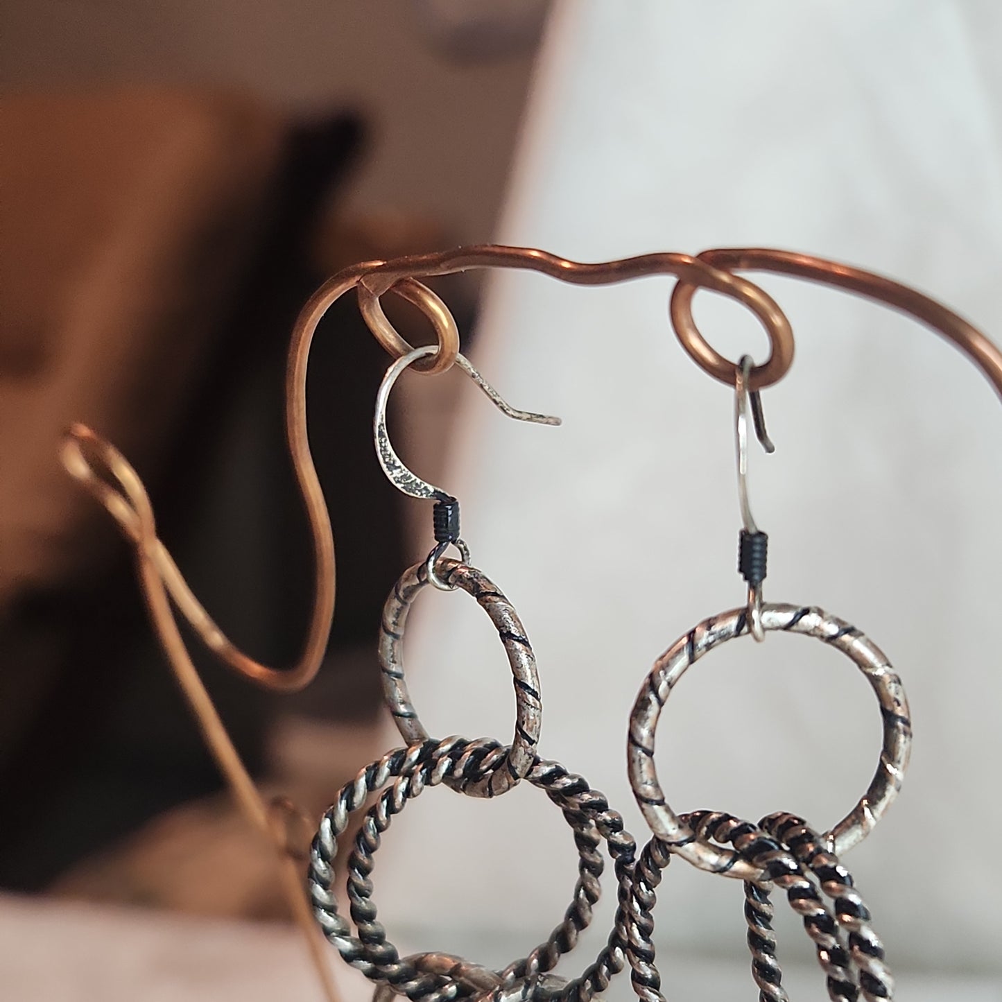 Chain Jewelry, Rustic Double Silver Copper Brushed Circle Chain Earrings (aka Big Sister's)