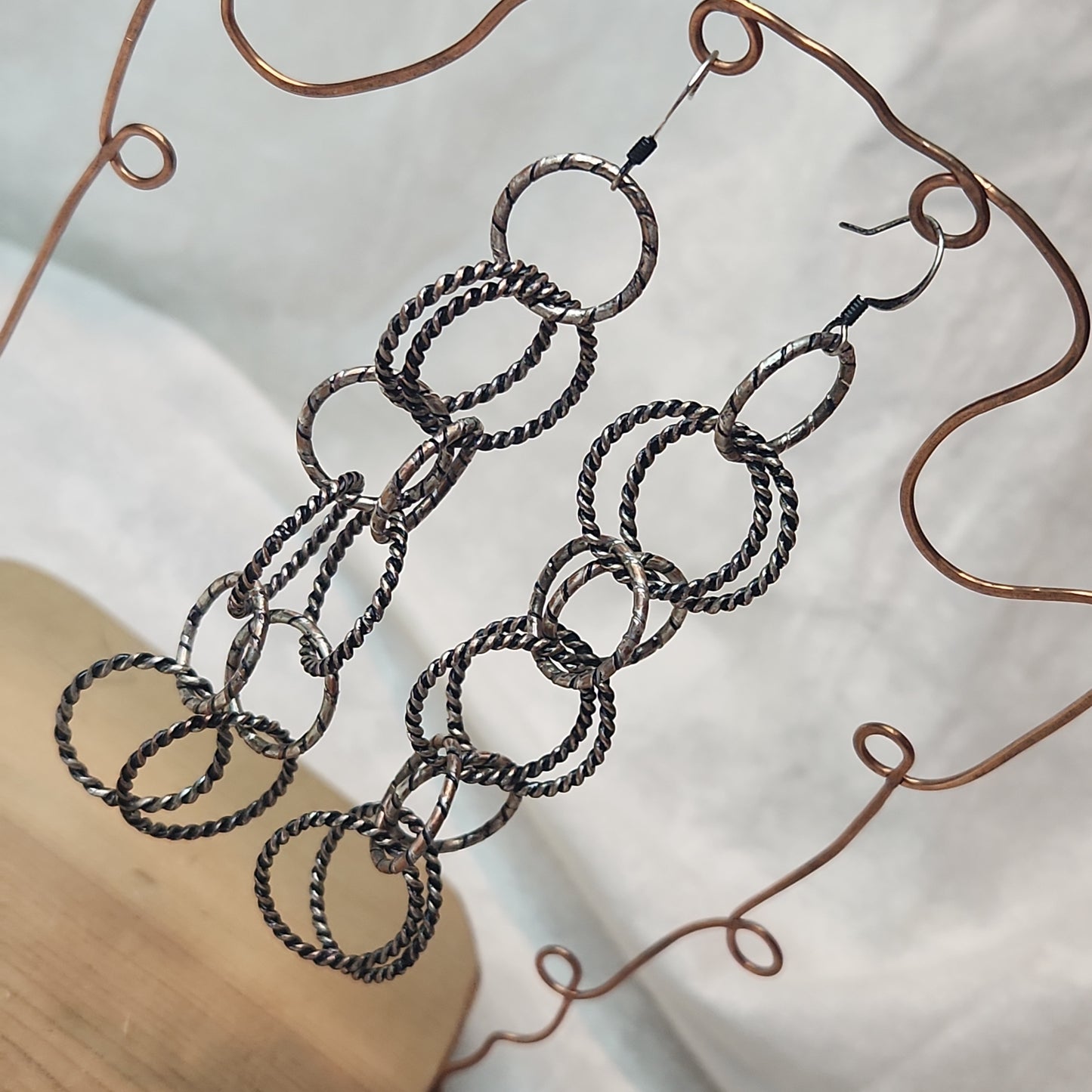 Chain Jewelry, Rustic Double Silver Copper Brushed Circle Chain Earrings (aka Big Sister's)