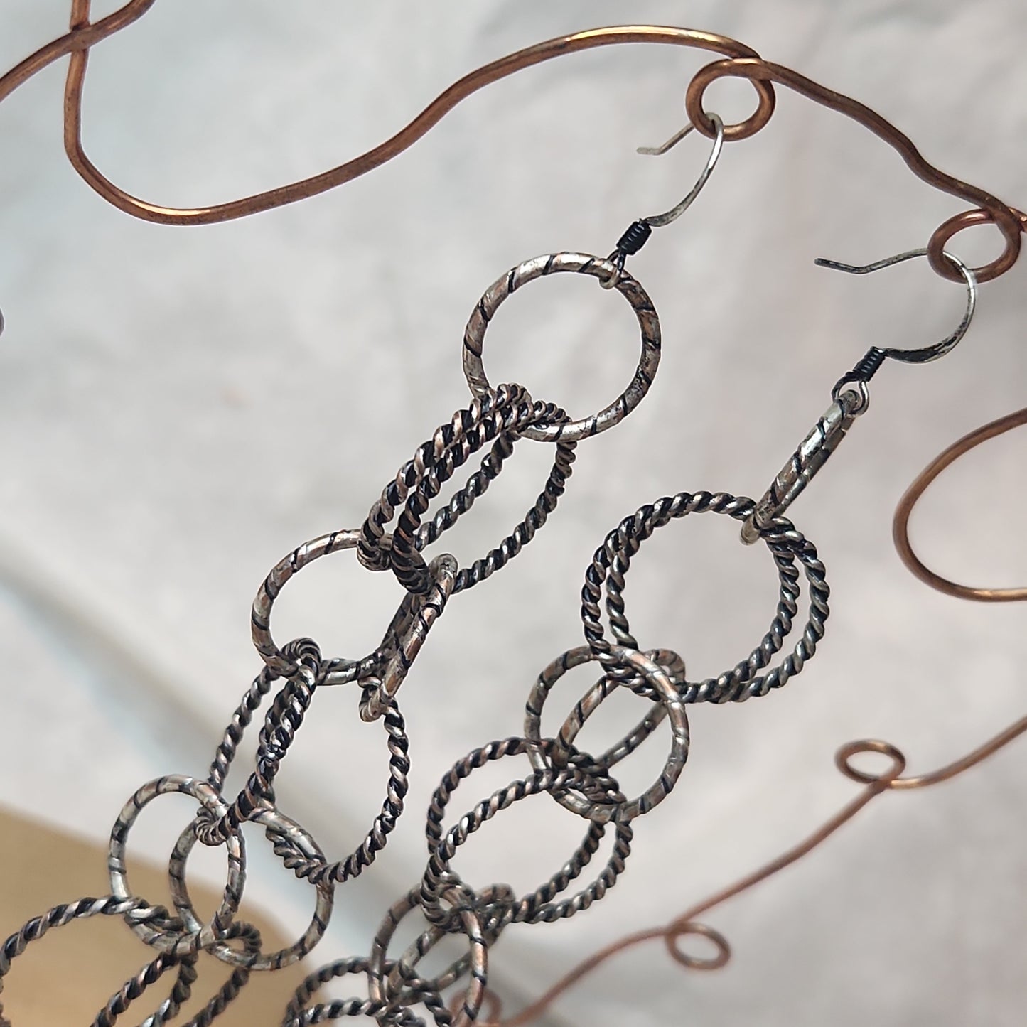 Chain Jewelry, Rustic Double Silver Copper Brushed Circle Chain Earrings (aka Big Sister's)