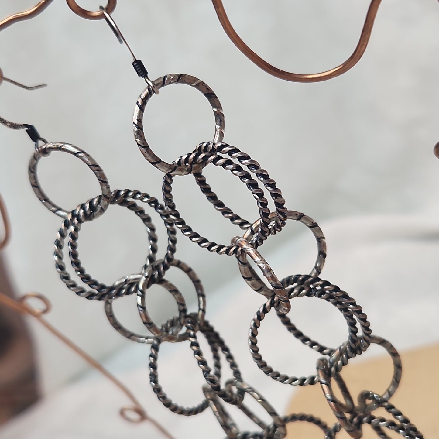 Chain Jewelry, Rustic Double Silver Copper Brushed Circle Chain Earrings (aka Big Sister's)