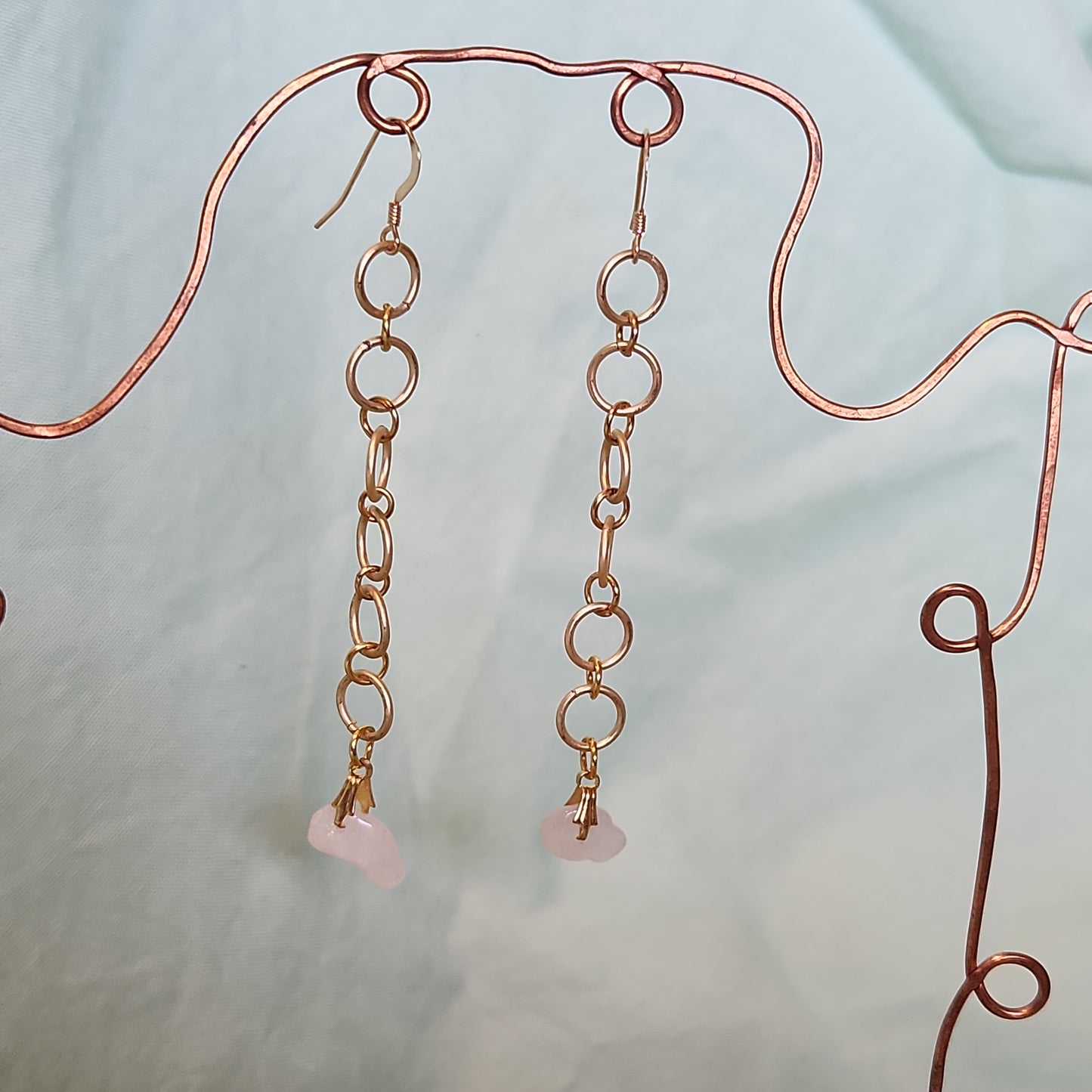 Beaded Gold p. Long Drop Rose Quartz Earrings