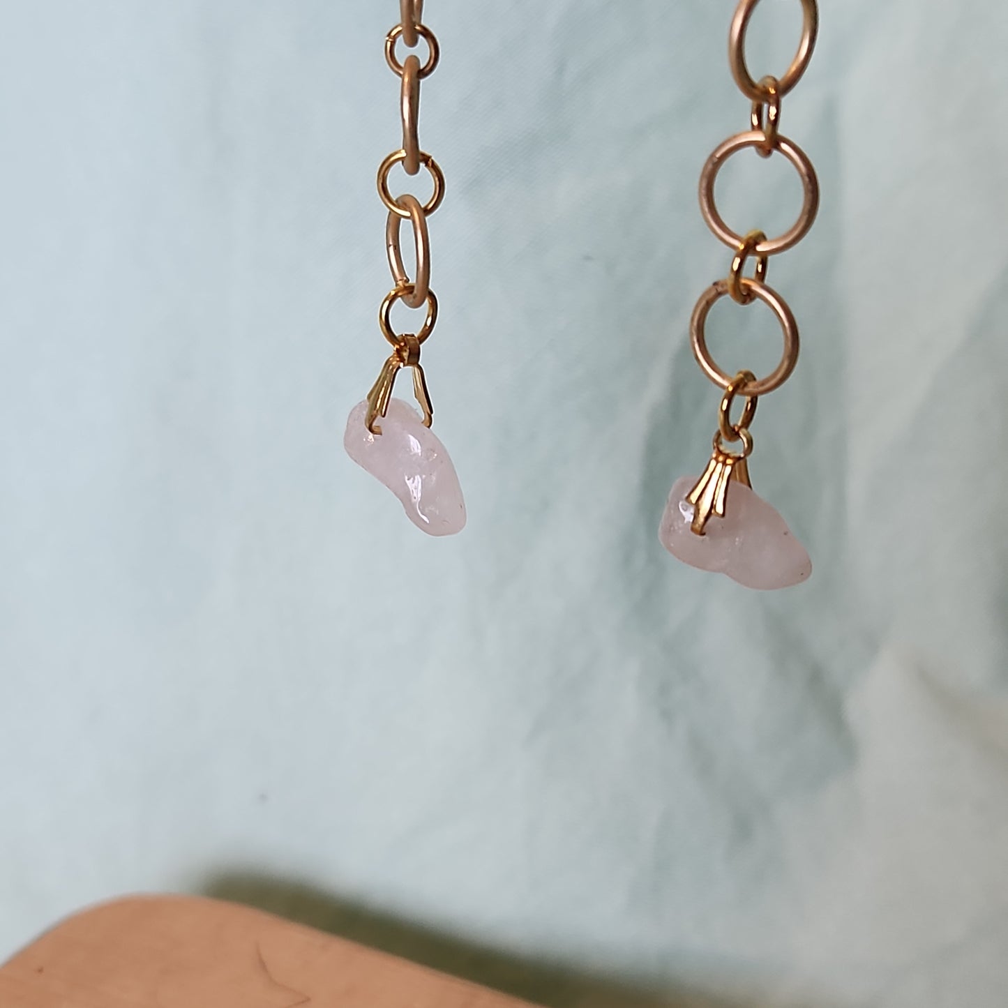 Beaded Gold p. Long Drop Rose Quartz Earrings