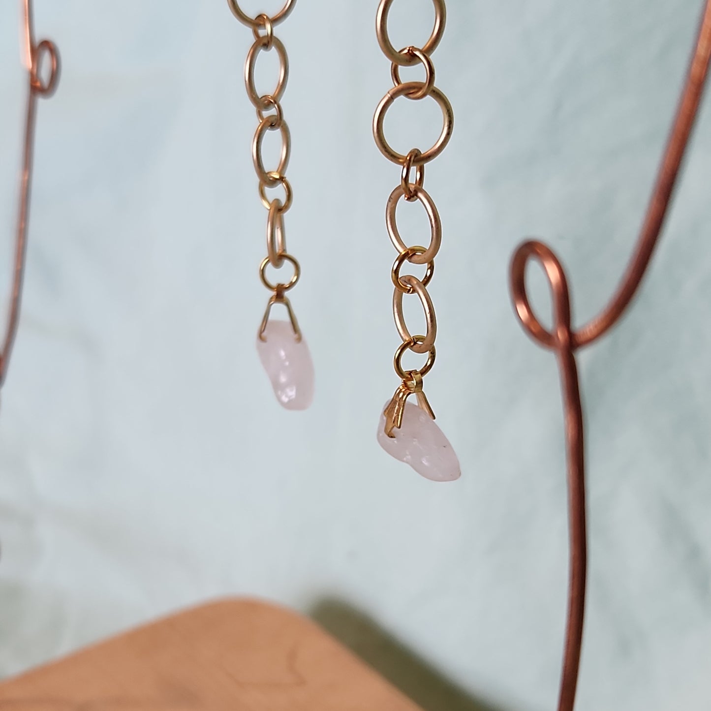 Beaded Gold p. Long Drop Rose Quartz Earrings