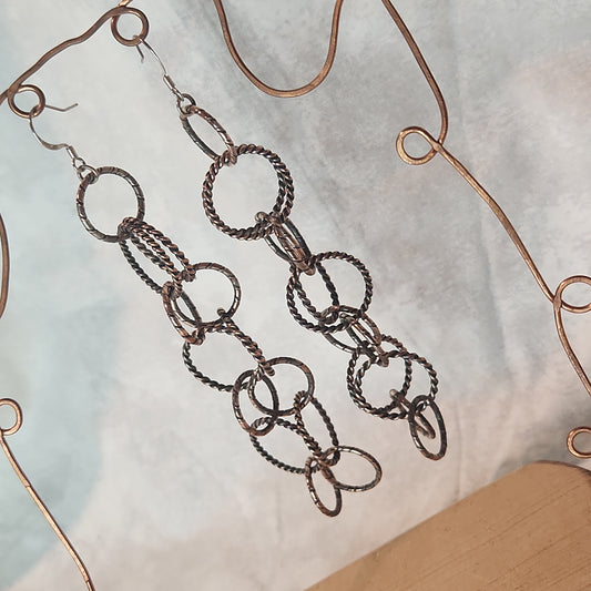 Chain Jewelry, Double Silver Copper Brushed Circle Chain Earrings (aka the Big Sister's)