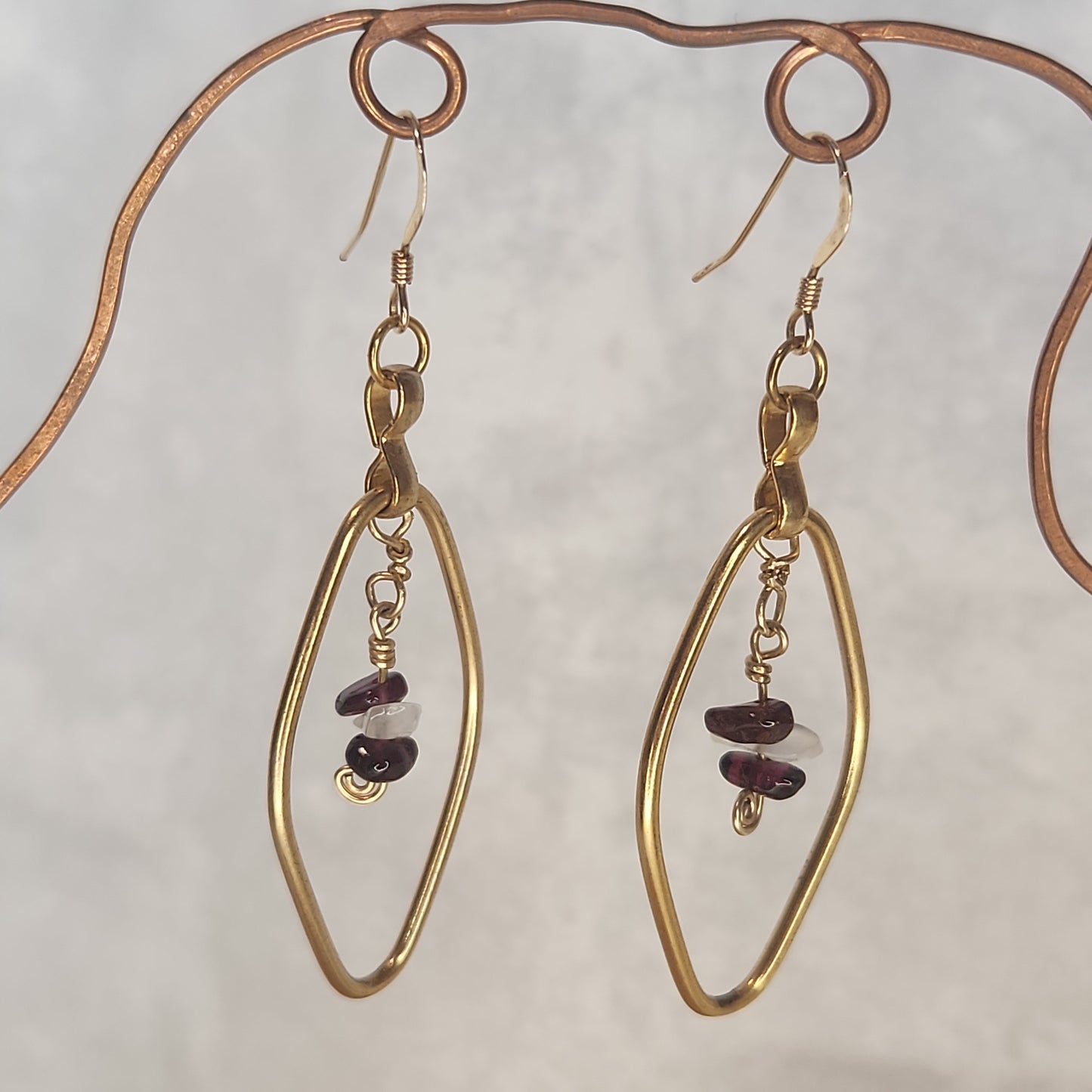 Beaded Red Garnet Moonstone Fancy Gold Diamond Drop Earrings