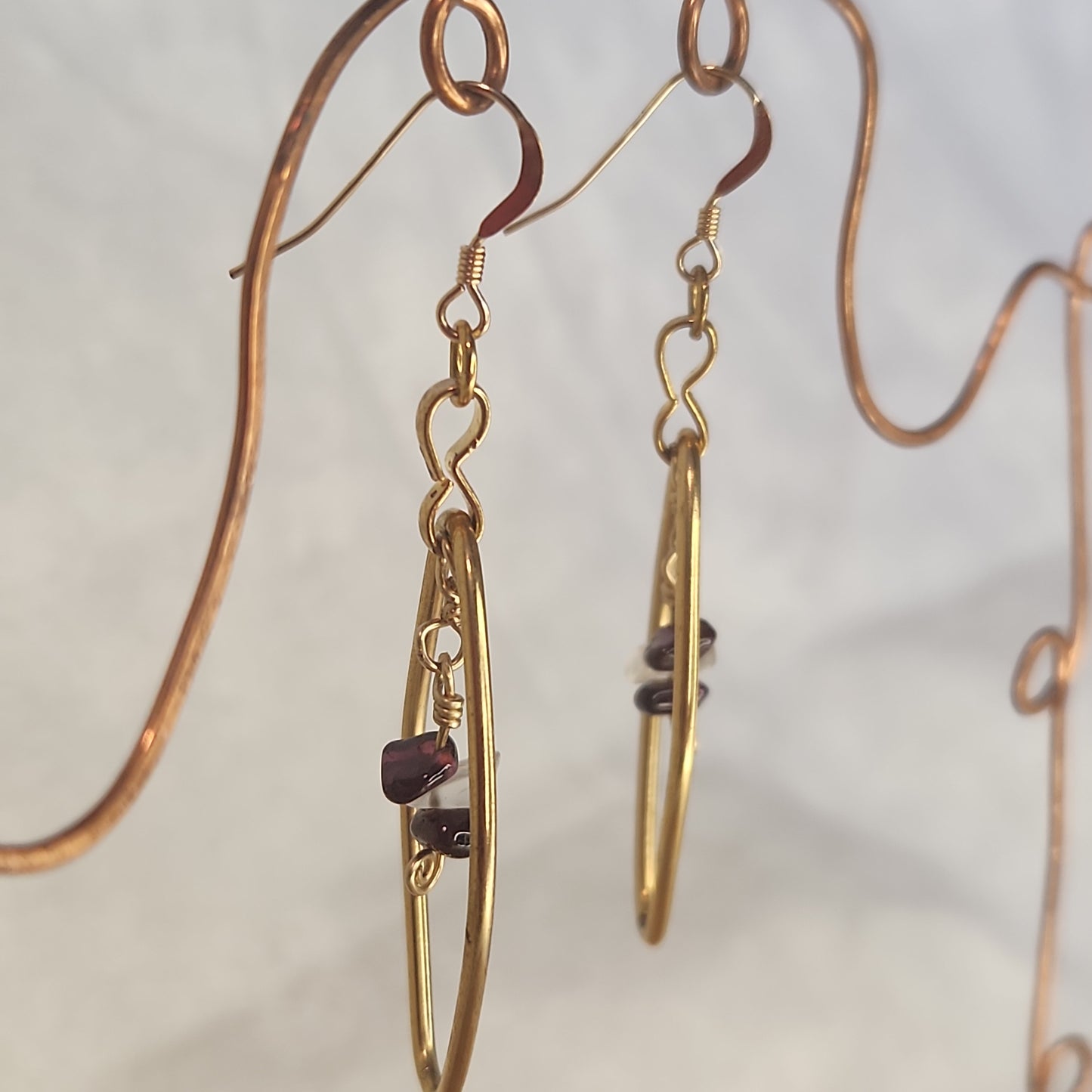 Beaded Red Garnet Moonstone Fancy Gold Diamond Drop Earrings