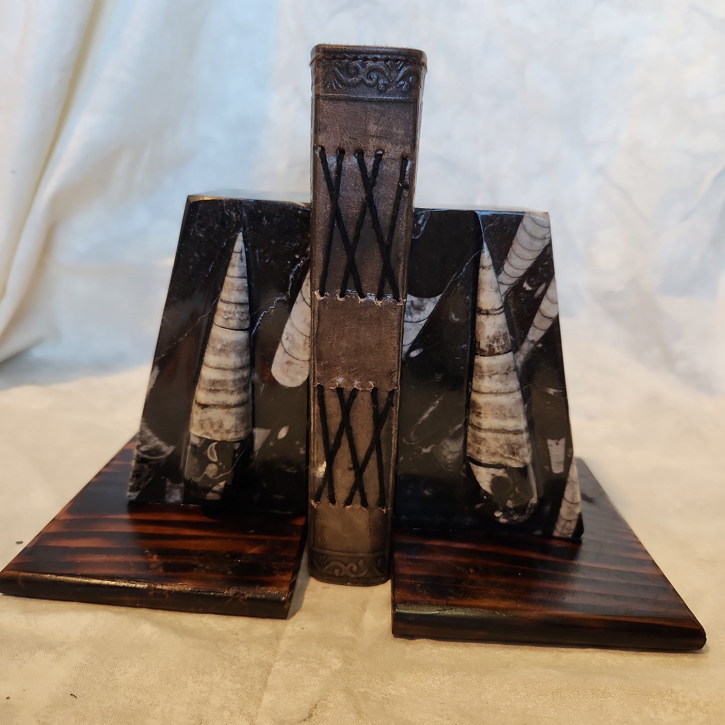 Fossilized Orthoceras Stone Bookends, Carved and Polished Decorative Slate Bookends