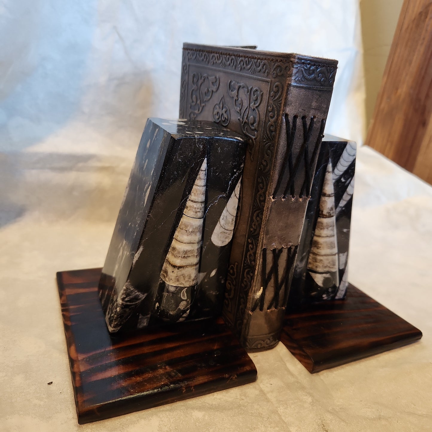 Fossilized Orthoceras Stone Bookends, Carved and Polished Decorative Slate Bookends