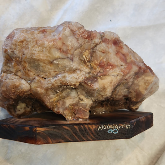 Nevada Chalcedony Coral Jasper Landscape Rock Art Display Burned Wood Base