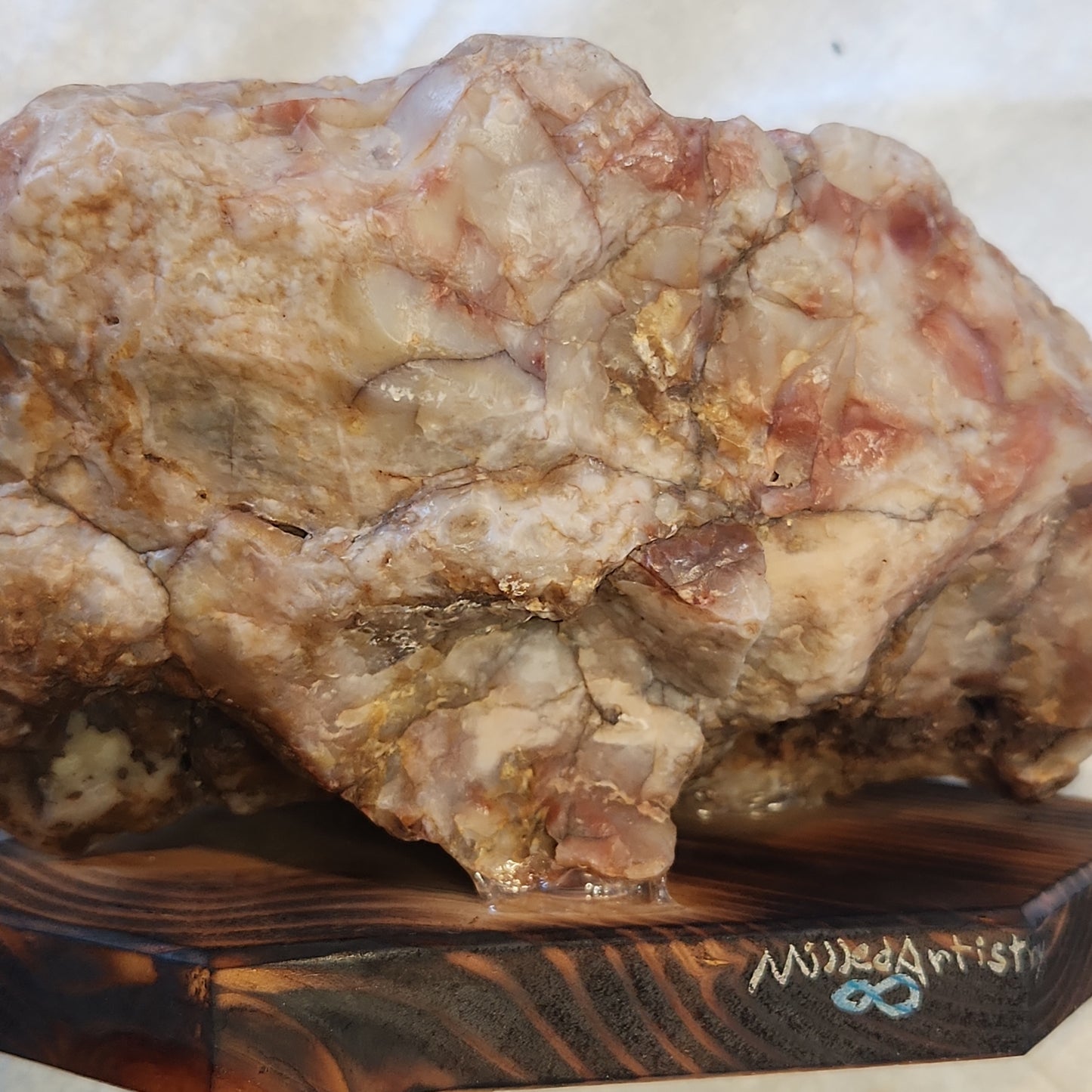 Nevada Chalcedony Coral Jasper Landscape Rock Art Display Burned Wood Base