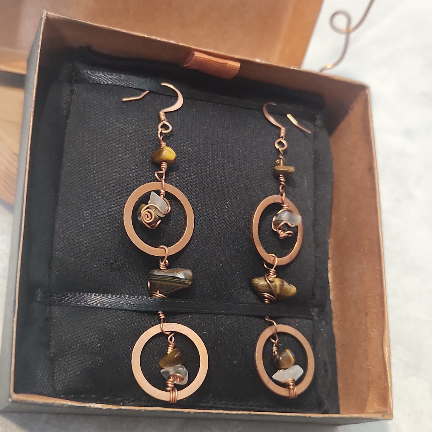 Copper Crazy Rustic Washer Wire Wrapped Tiger Eye, Moonstone Beaded Drop Earrings