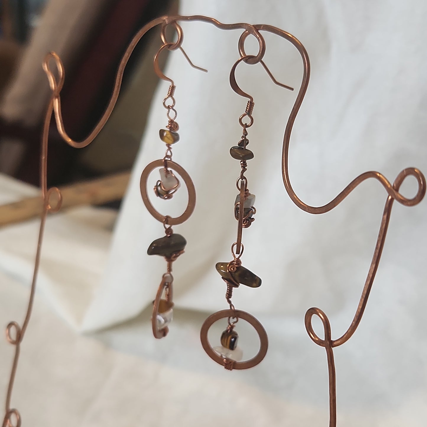 Copper Crazy Rustic Washer Wire Wrapped Tiger Eye, Moonstone Beaded Drop Earrings