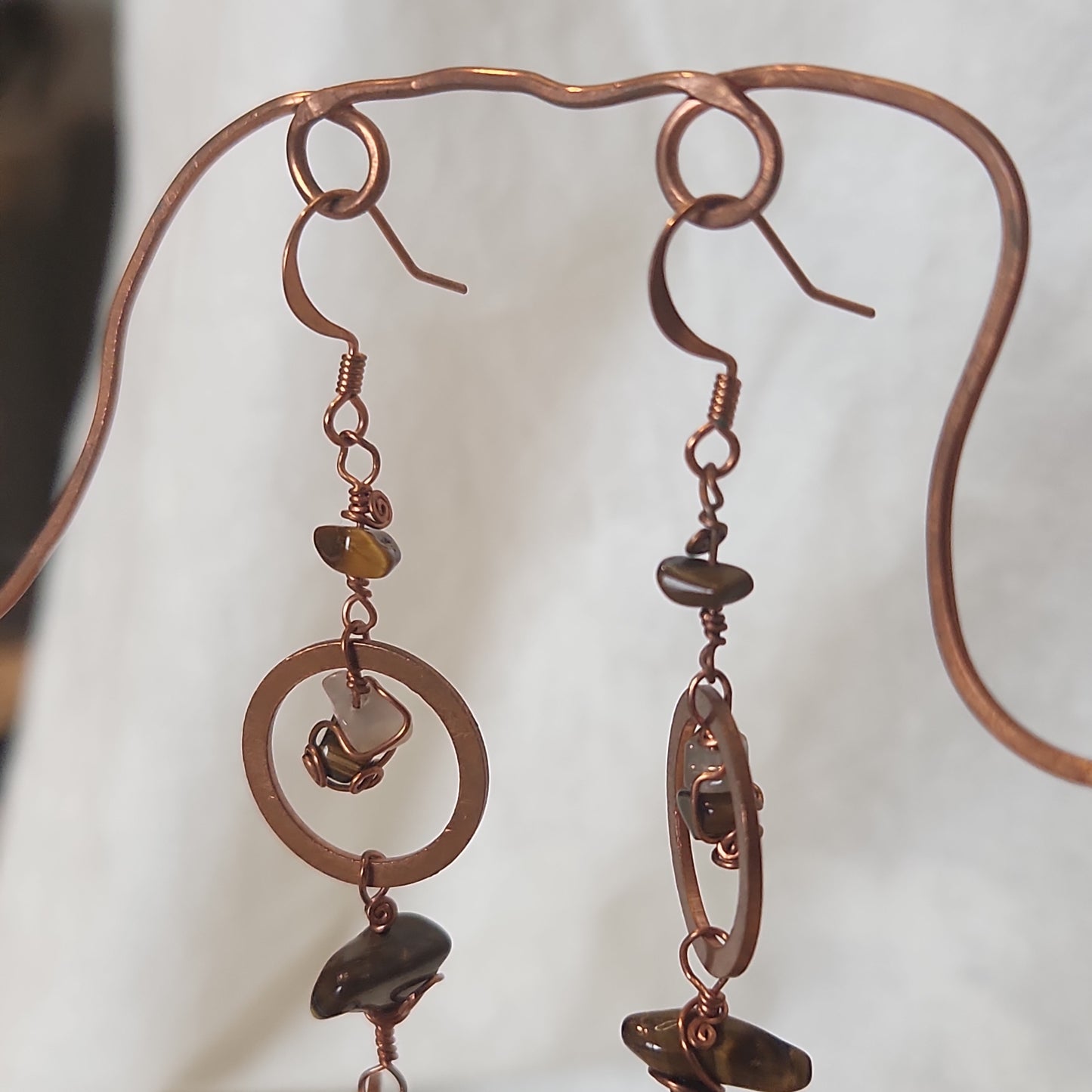 Copper Crazy Rustic Washer Wire Wrapped Tiger Eye, Moonstone Beaded Drop Earrings