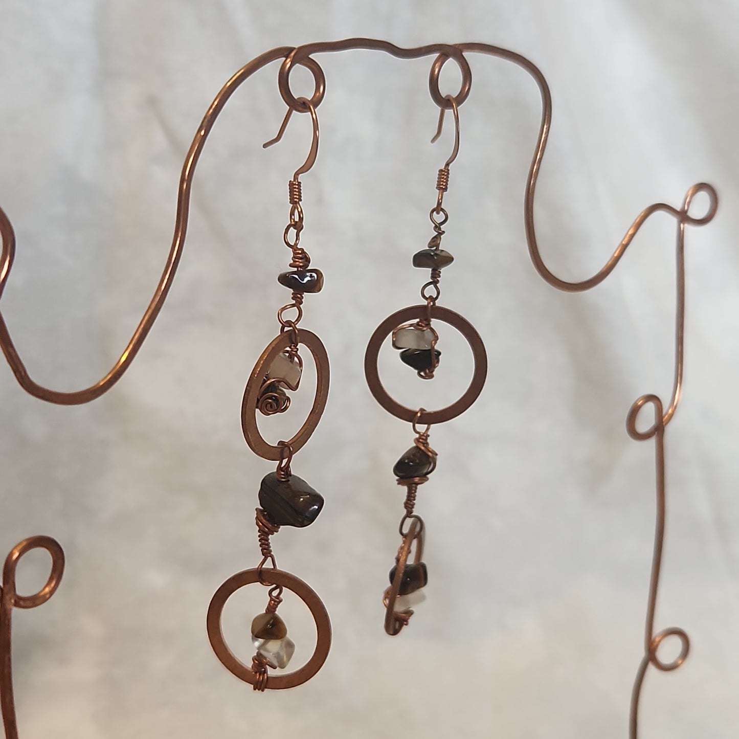 Copper Crazy Rustic Washer Wire Wrapped Tiger Eye, Moonstone Beaded Drop Earrings