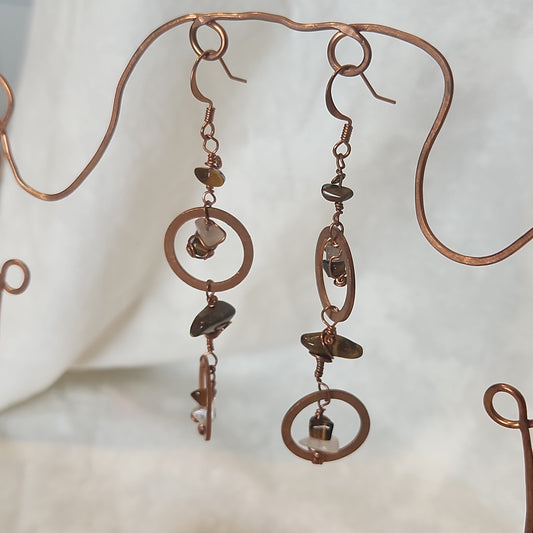 Copper Crazy Rustic Washer Wire Wrapped Tiger Eye, Moonstone Beaded Drop Earrings