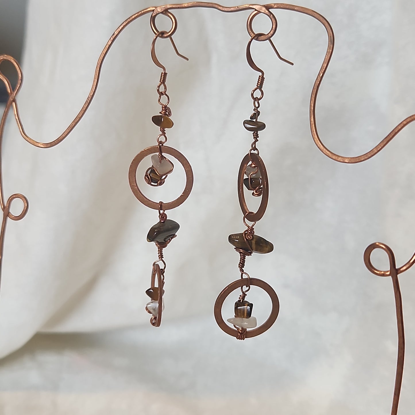 Copper Crazy Rustic Washer Wire Wrapped Tiger Eye, Moonstone Beaded Drop Earrings