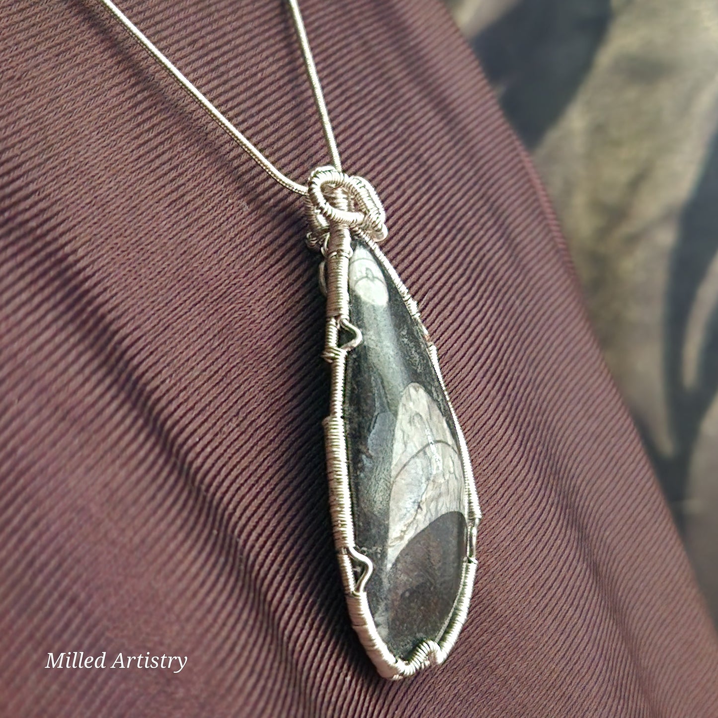 Fossil Jewelry, Orthoceras Polished Fossil Wire Wrapped Silver Snake Chain Necklace