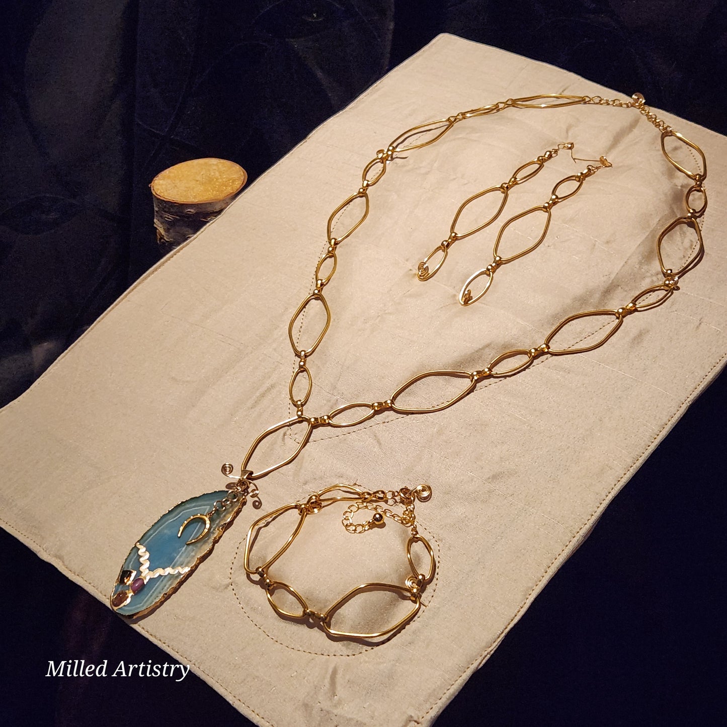 Agate Matching Gold Energy Jewelry Set: Blue Waterline Agate Pendent Long Necklace, Earrings & Bracelet