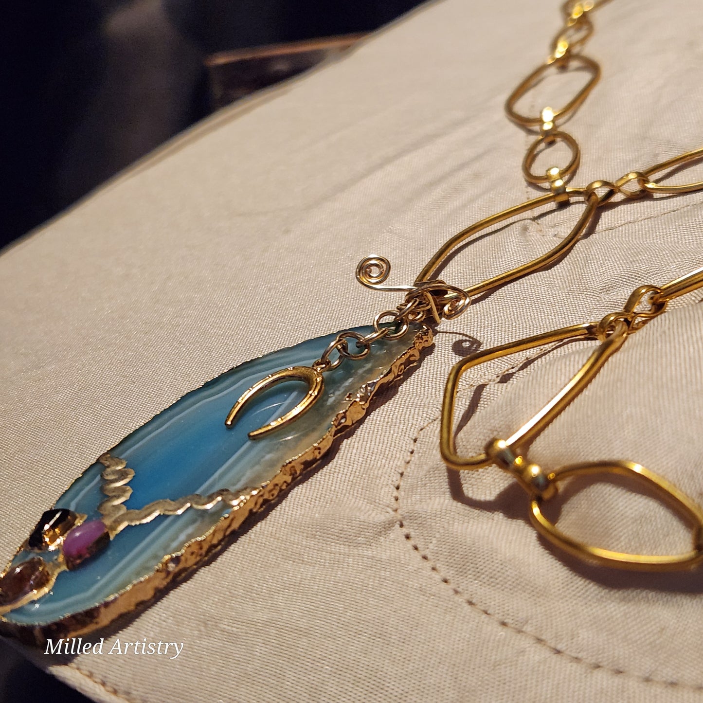 Agate Matching Gold Energy Jewelry Set: Blue Waterline Agate Pendent Long Necklace, Earrings & Bracelet