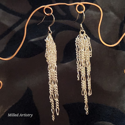 Chain Jewelry, Figaro Silver Feather Tassel Chain Earrings