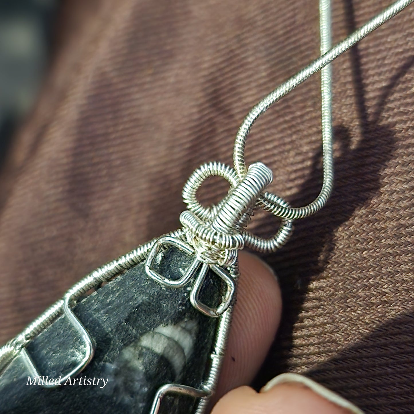 Fossil Jewelry, Orthoceras Polished Fossil Wire Wrapped Silver Snake Chain Necklace