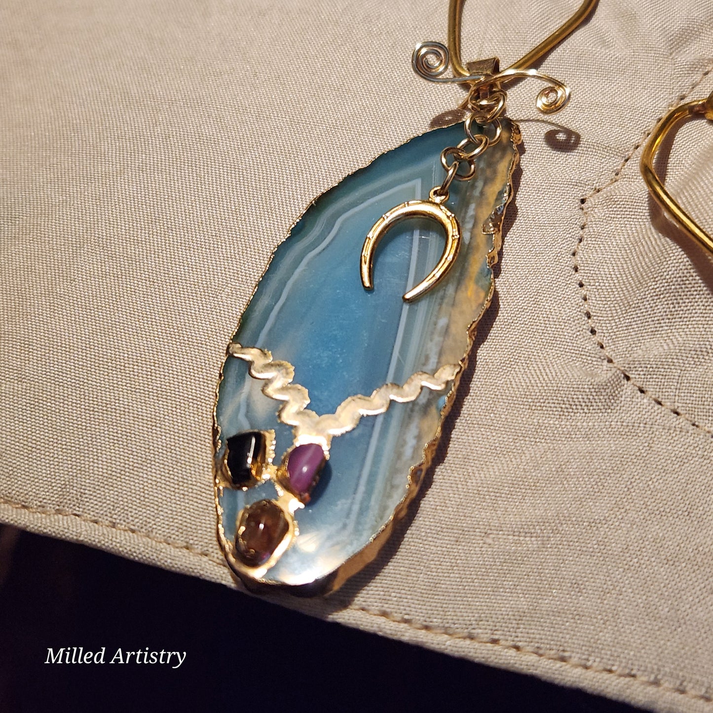 Agate Matching Gold Energy Jewelry Set: Blue Waterline Agate Pendent Long Necklace, Earrings & Bracelet