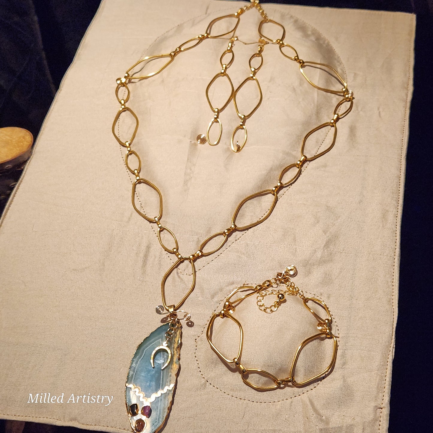 Agate Matching Gold Energy Jewelry Set: Blue Waterline Agate Pendent Long Necklace, Earrings & Bracelet