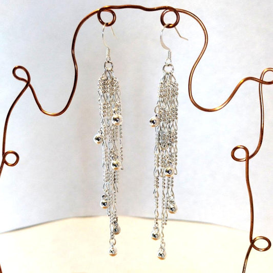 Beaded Silver Balls Cascading Waterfall Long Chandelier Earrings