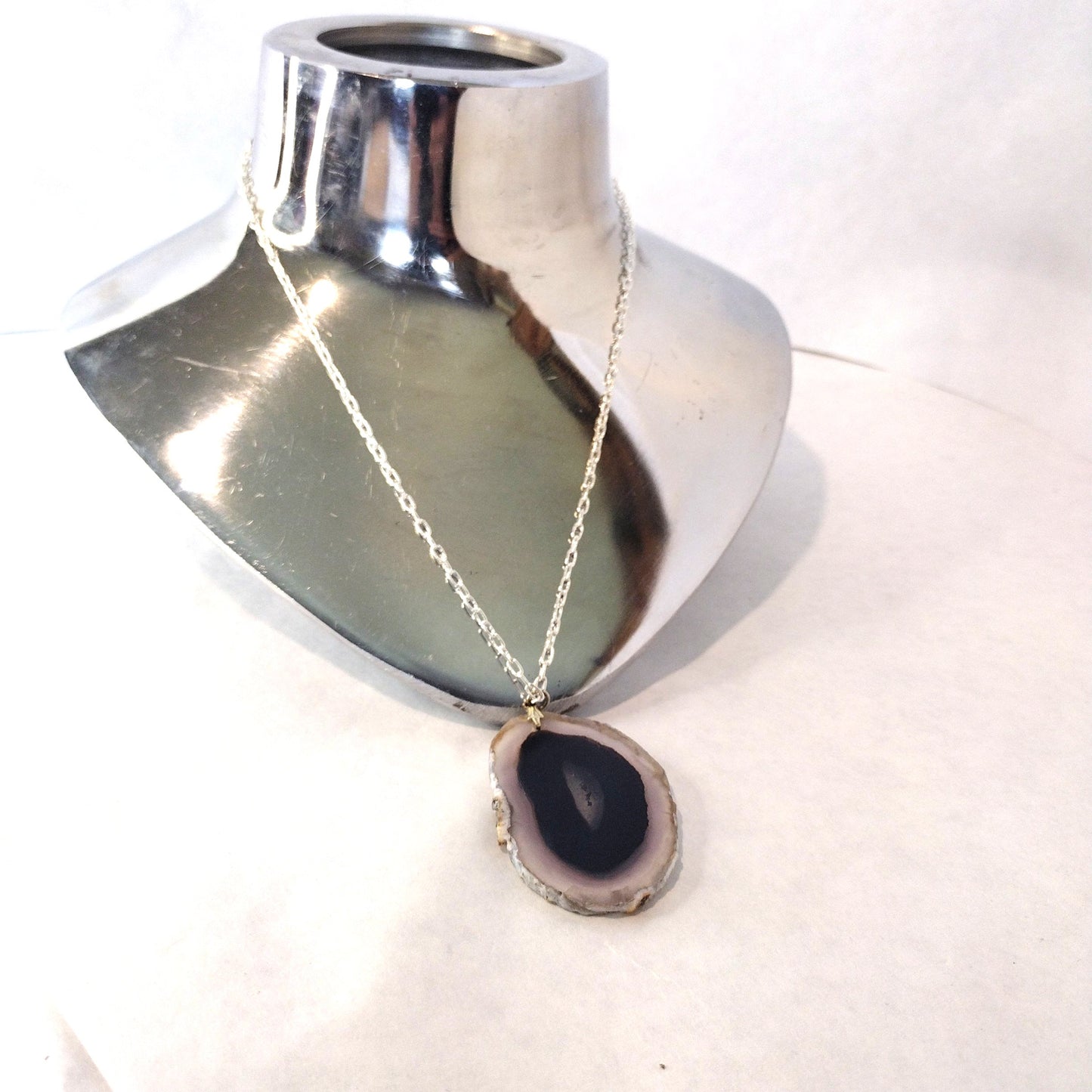 Agate Sliced Jewelry, Natural Clear and Black Eye Srone Silver Pendent Necklace