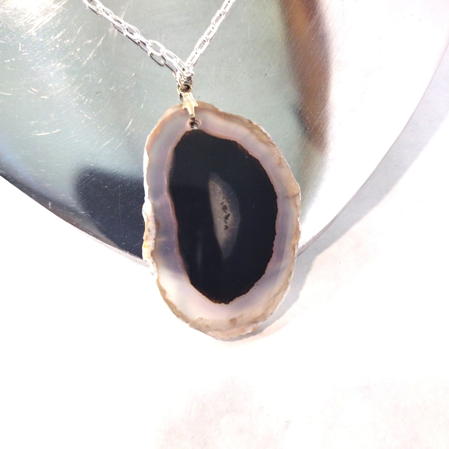 Agate Sliced Jewelry, Natural Clear and Black Eye Srone Silver Pendent Necklace