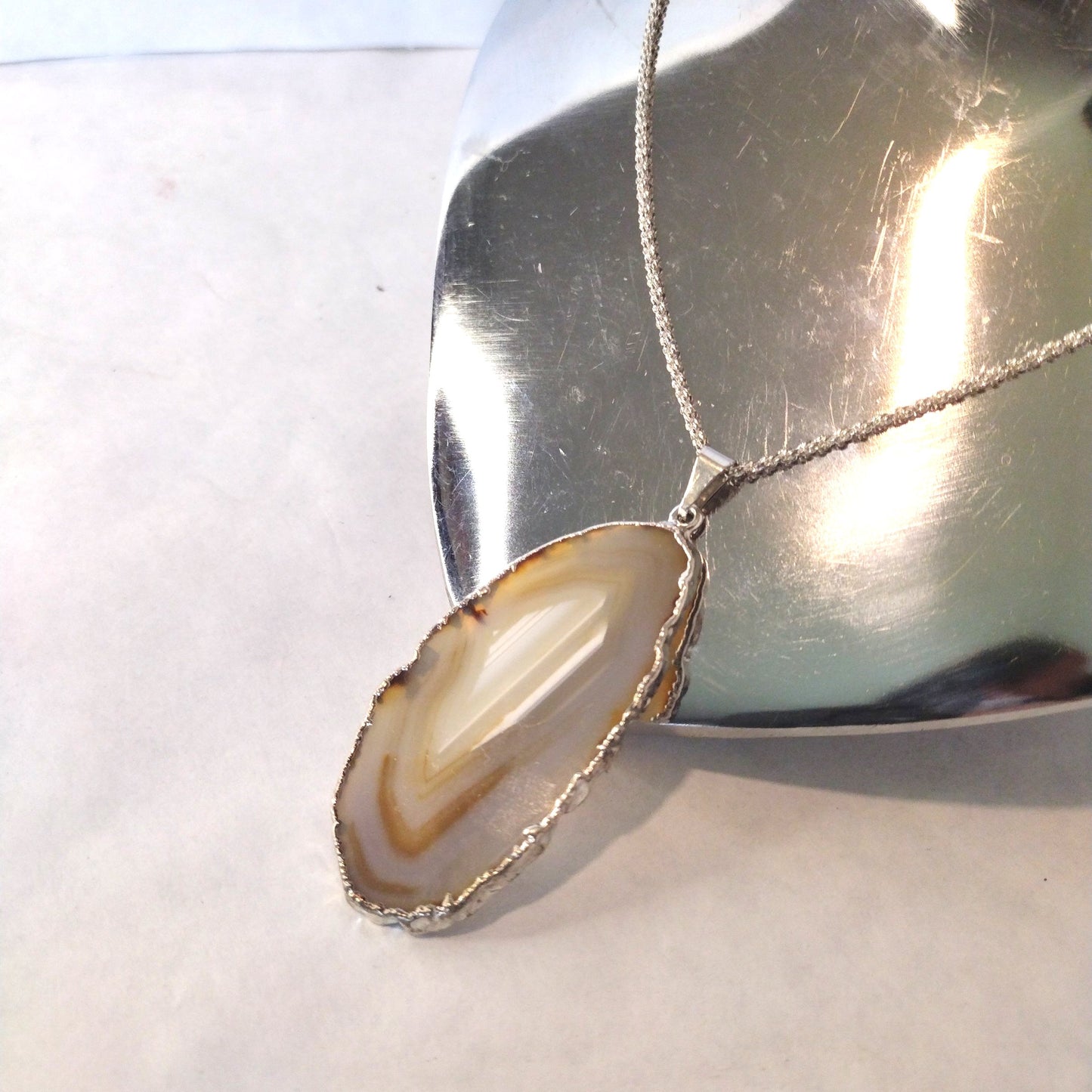 Agate Sliced Jewelry, Natural Silver Dipped Stone Pendent Necklace