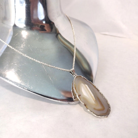 Agate Sliced Jewelry, Natural Silver Dipped Stone Pendent Necklace