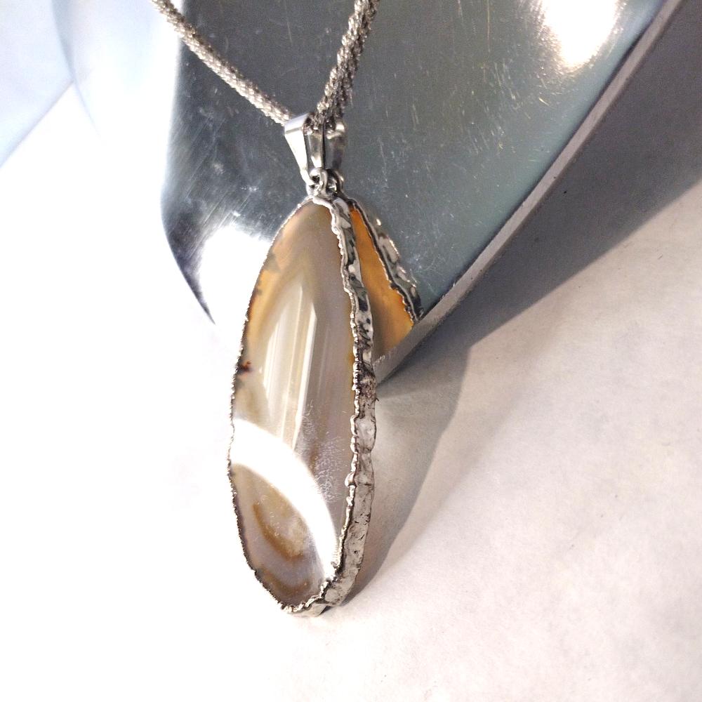 Agate Sliced Jewelry, Natural Silver Dipped Stone Pendent Necklace